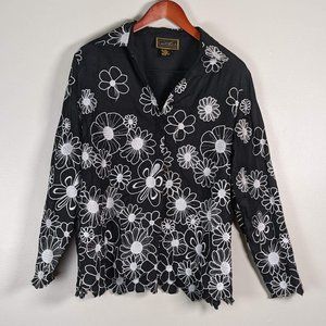 100% Linen Diane Gilman Button-Up Long Sleeve Shirt, Black, sz L